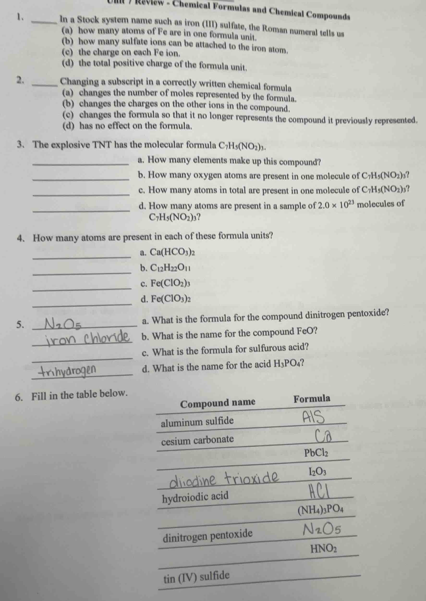 unit 7 review - chemical formulas and chemical compounds 1. ____ in a s…