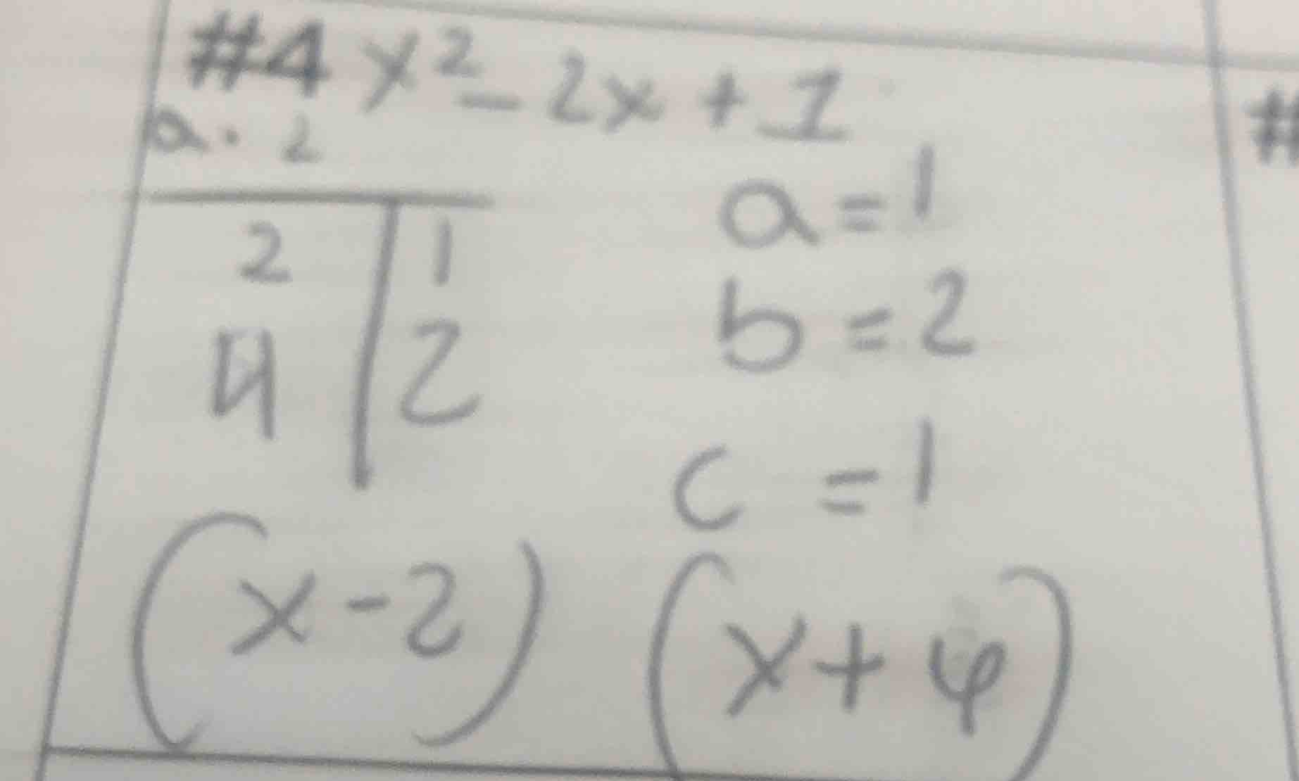 #4 x² - 2x + 1; a = 1, b = 2, c = 1; (x - 2)(x + 4); and some hand - wr…