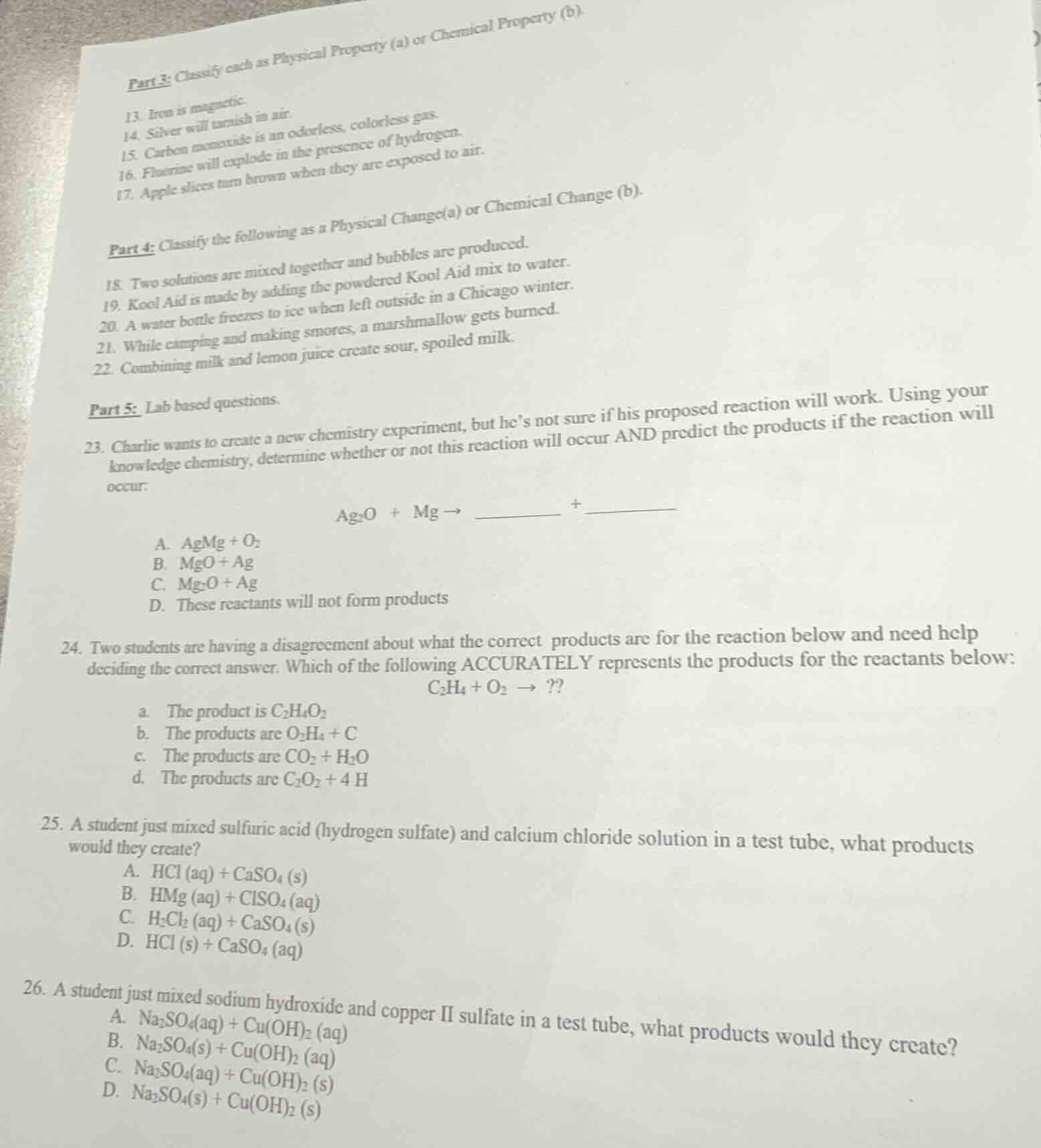 part 3: classify each as physical property (a) or chemical property (b)…