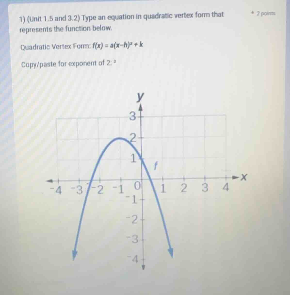 1) (unit 1.5 and 3.2) type an equation in quadratic vertex form that re…