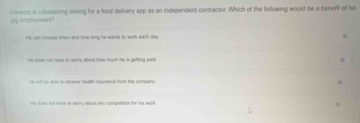 lorenzo is considering driving for a food delivery app as an independen…