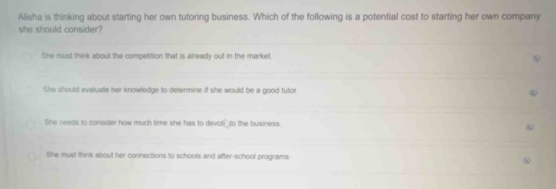 alisha is thinking about starting her own tutoring business. which of t…