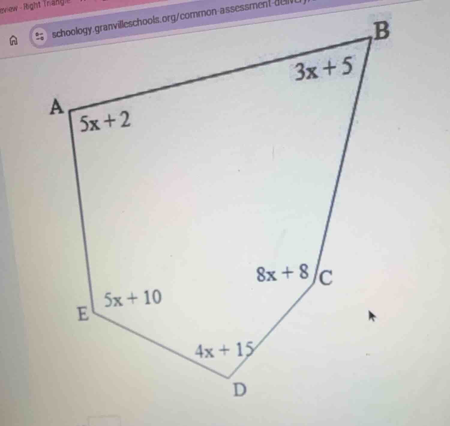 a pentagon with vertices labeled a, b, c, d, e. side ab is labeled 3x +…