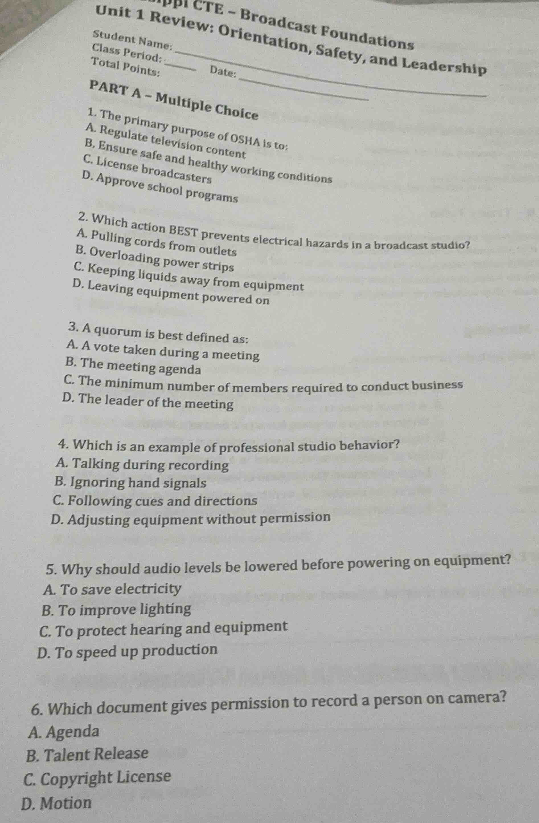 cte - broadcast foundations unit 1 review: orientation, safety, and lea…