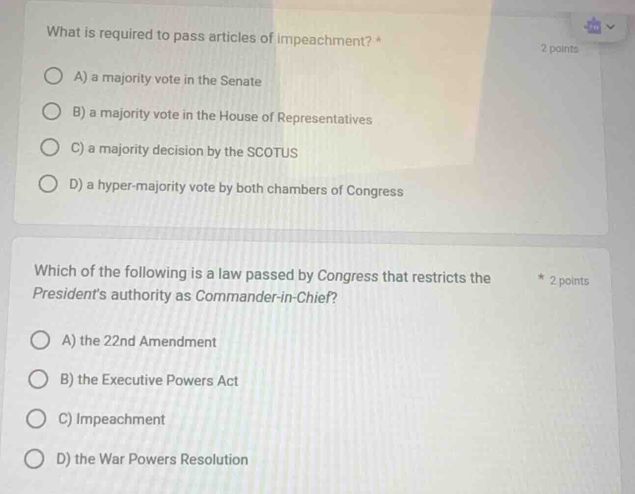 what is required to pass articles of impeachment? * a) a majority vote …