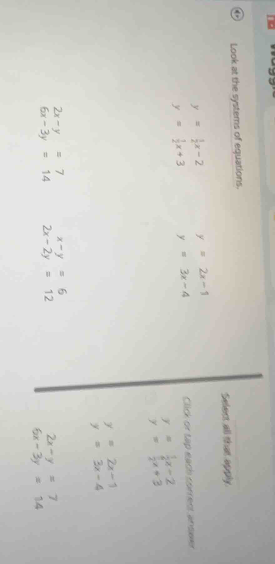 look at the systems of equations. ( y = \frac{1}{2}x - 2 ) ( y = \frac{…