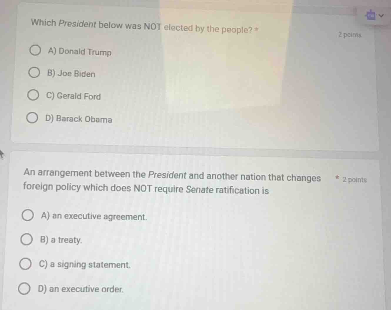 which president below was not elected by the people? * a) donald trump …