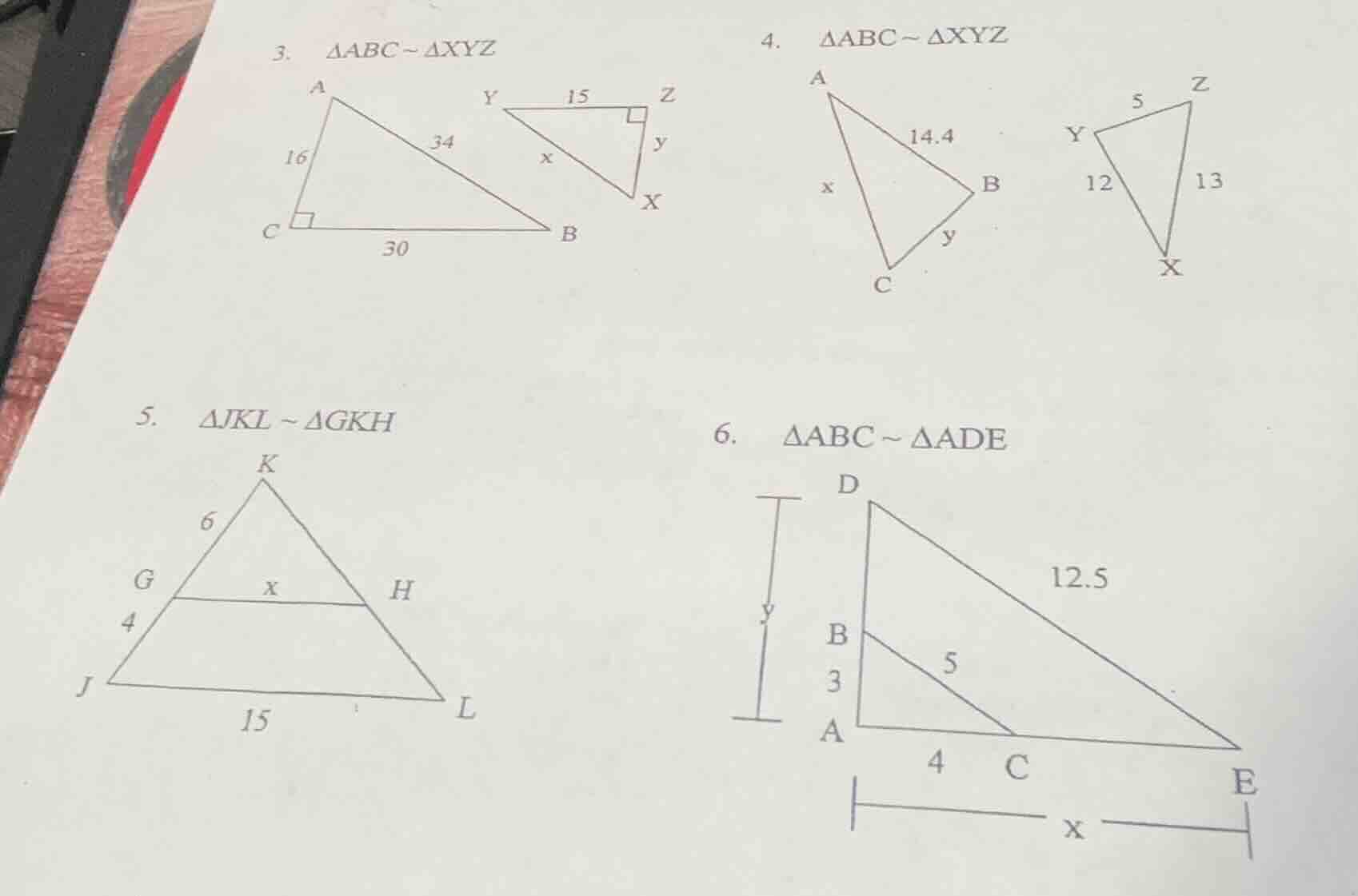 3. $\\triangle abc \\sim \\triangle xyz$ 4. $\\triangle abc \\sim \\tri…