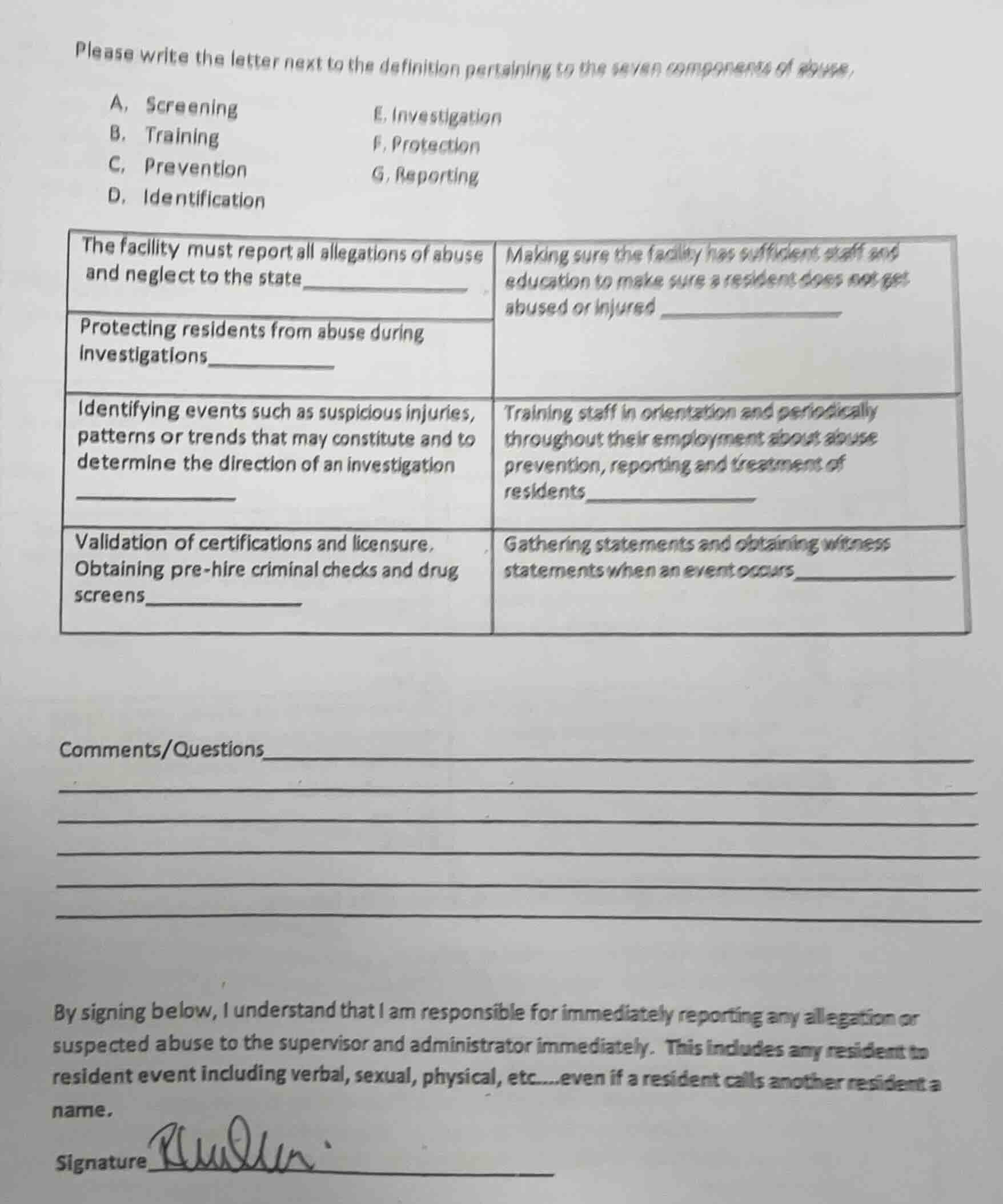 please write the letter next to the definition pertaining to the seven …
