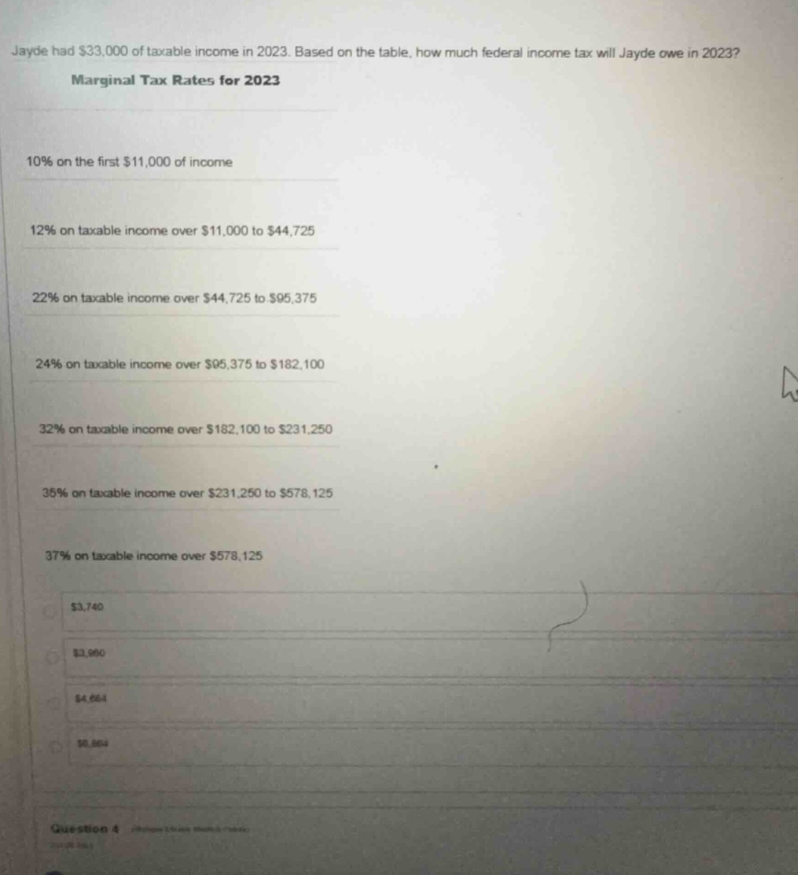 jayde had $33,000 of taxable income in 2023. based on the table, how mu…
