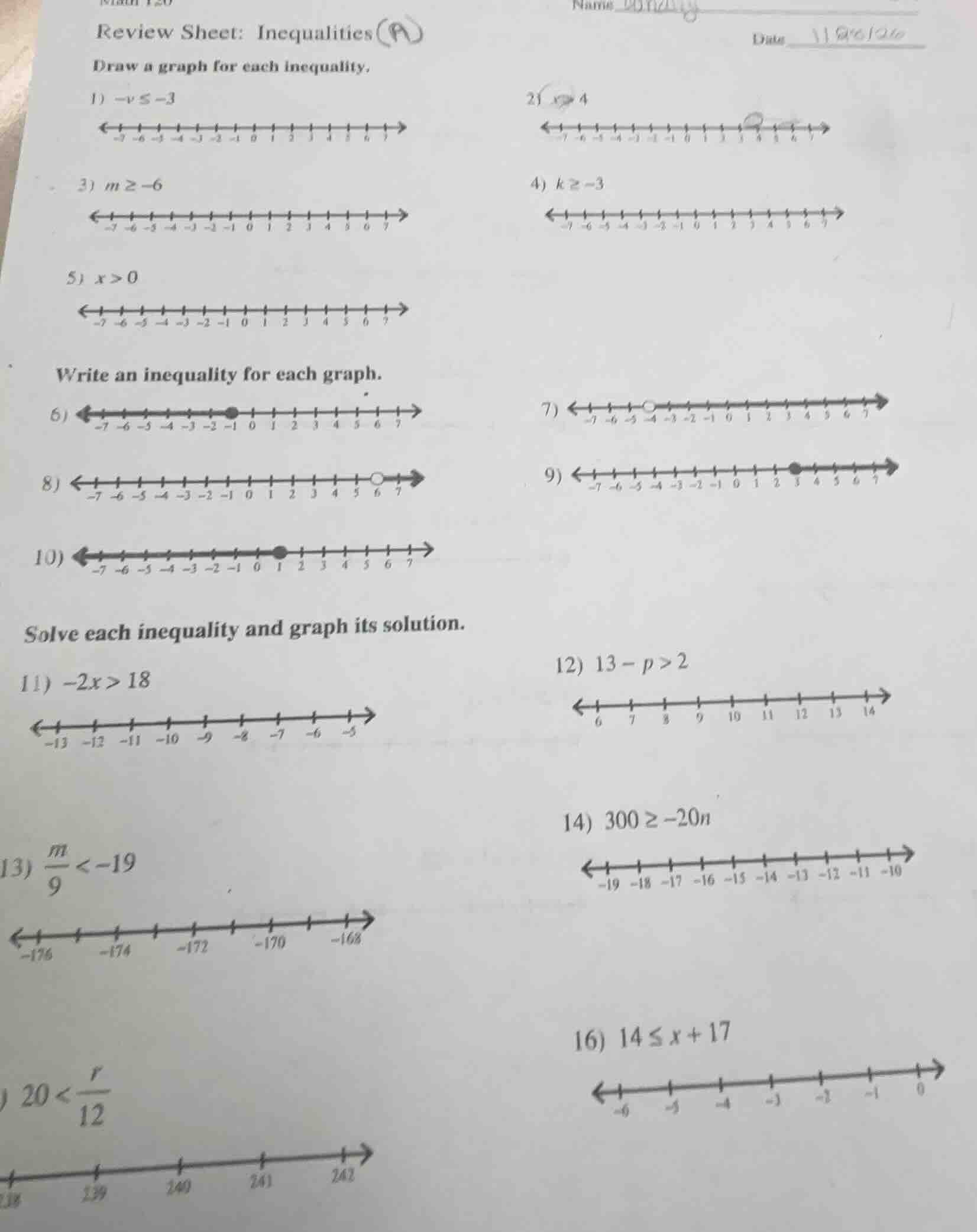 review sheet: inequalities draw a graph for each inequality. 1) $-v \\l…