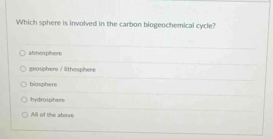 which sphere is involved in the carbon biogeochemical cycle? atmosphere…