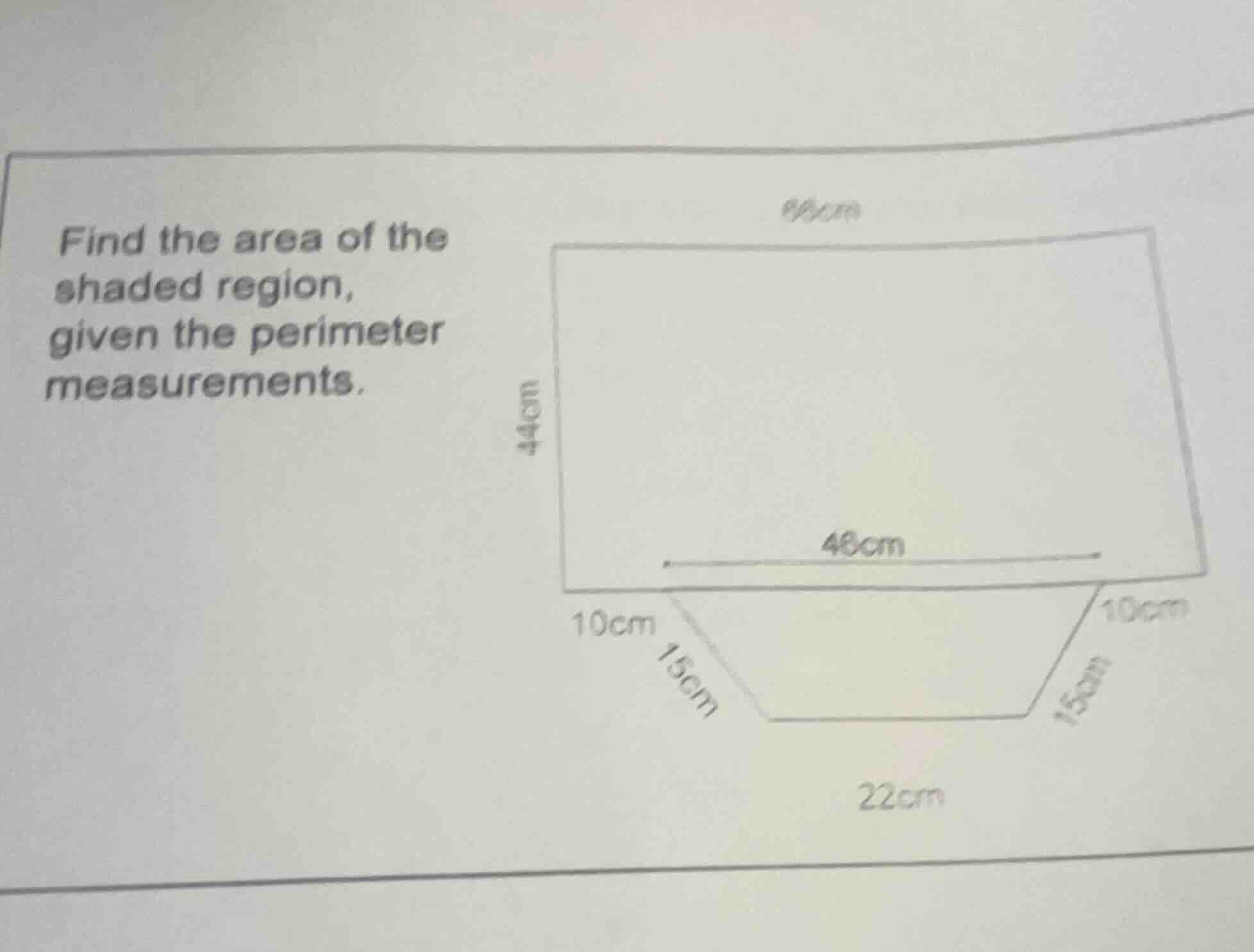 find the area of the shaded region, given the perimeter measurements.