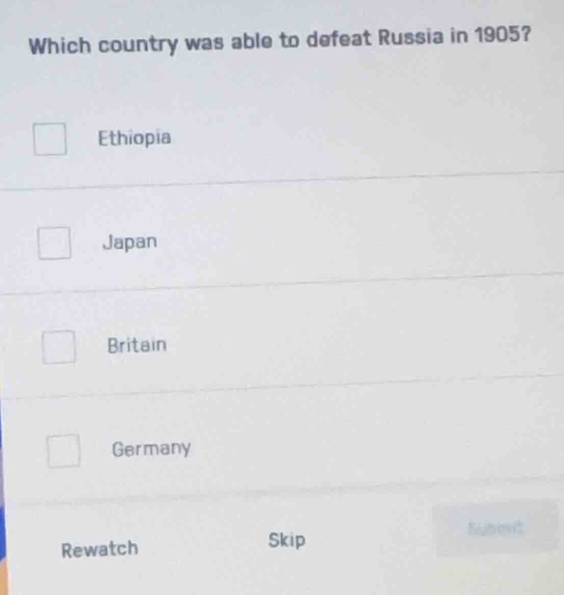 which country was able to defeat russia in 1905? ethiopia japan britain…