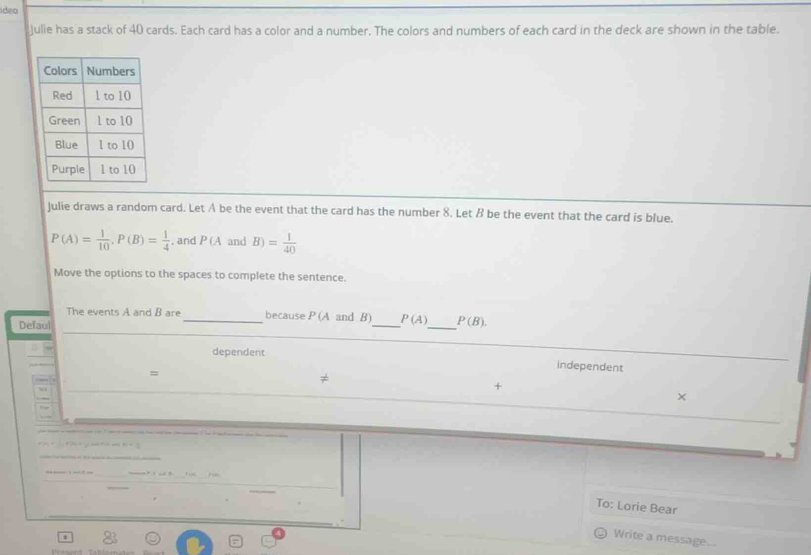 julie has a stack of 40 cards. each card has a color and a number. the …