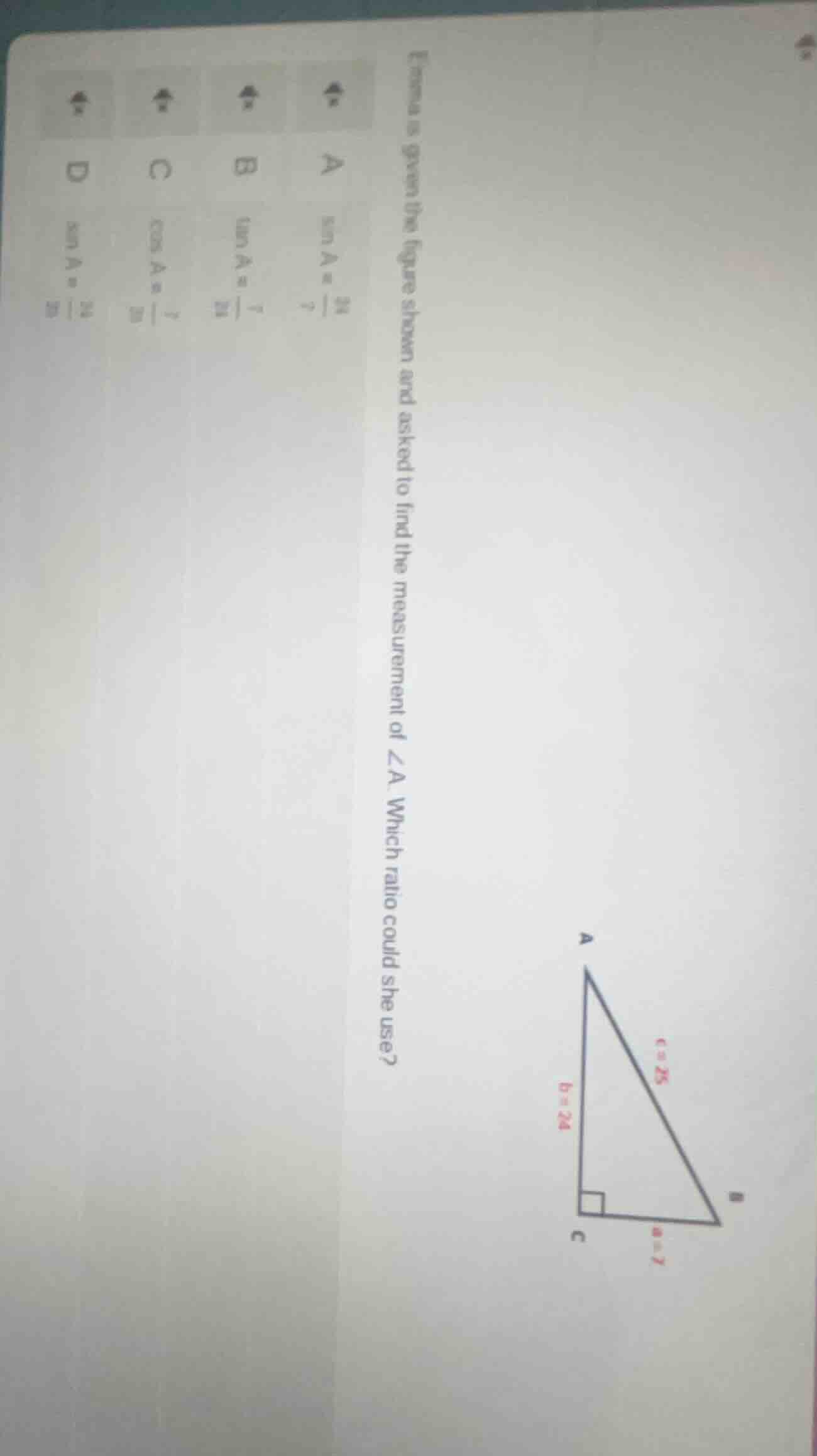 emma is given the figure shown and asked to find the measurement of ∠a.…