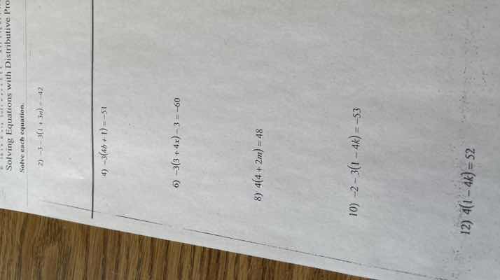 solving equations with distributive pro solve each equation. 2) -5 - 3(…