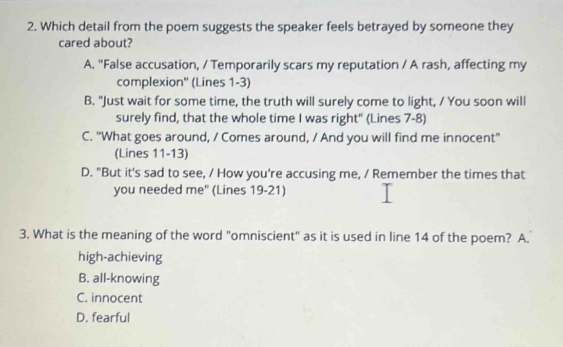 2. which detail from the poem suggests the speaker feels betrayed by so…