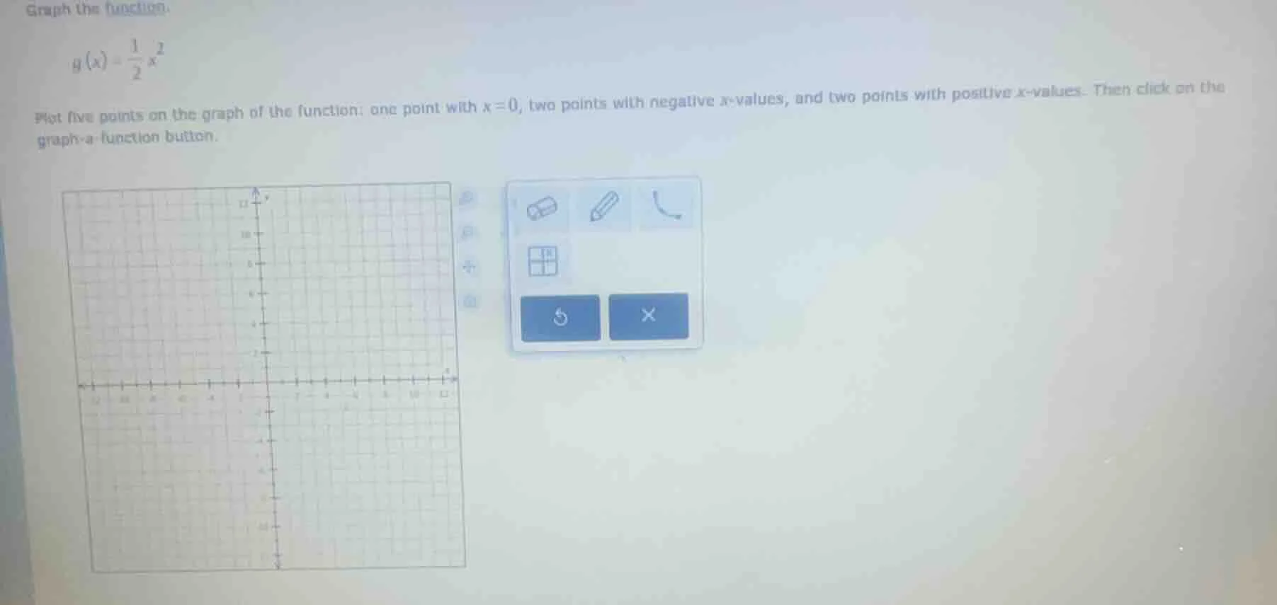 graph the function: ( g(x) = \frac{1}{2}x^2 ) plot five points on the g…