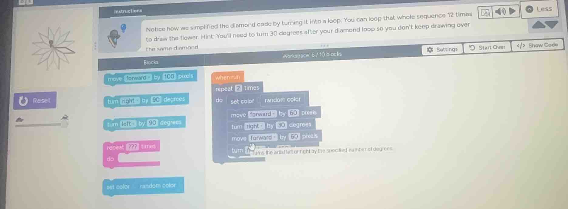 instructions notice how we simplified the diamond code by turning it in…