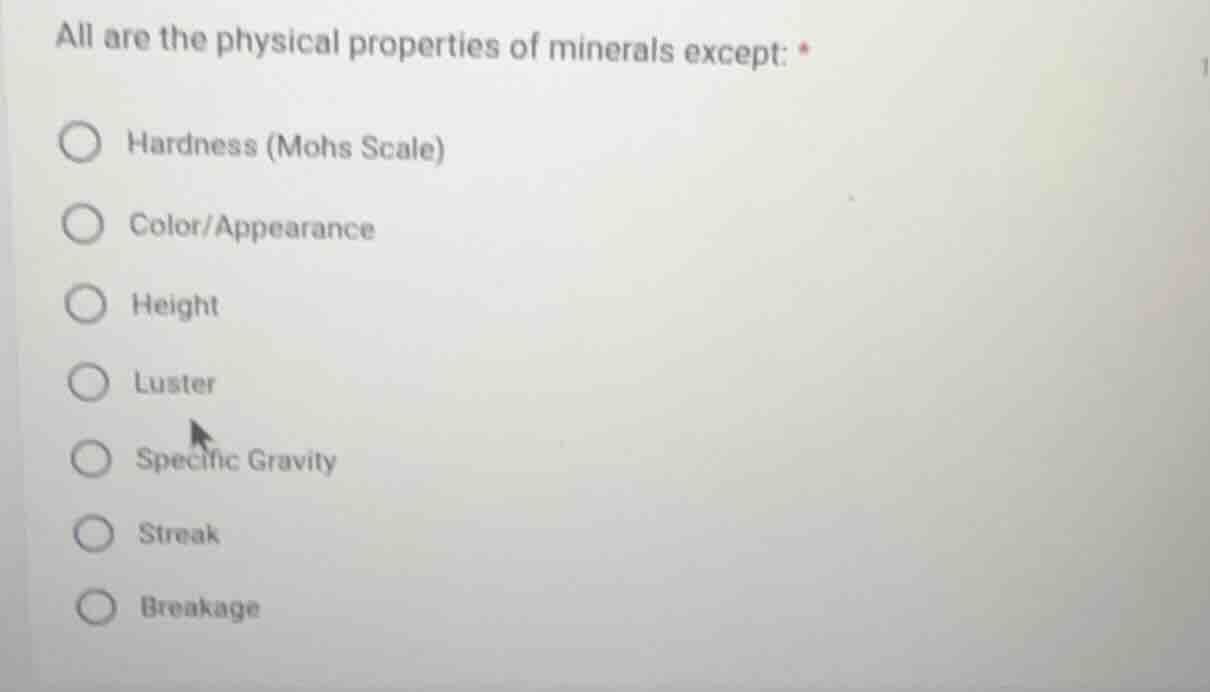 all are the physical properties of minerals except: * hardness (mohs sc…