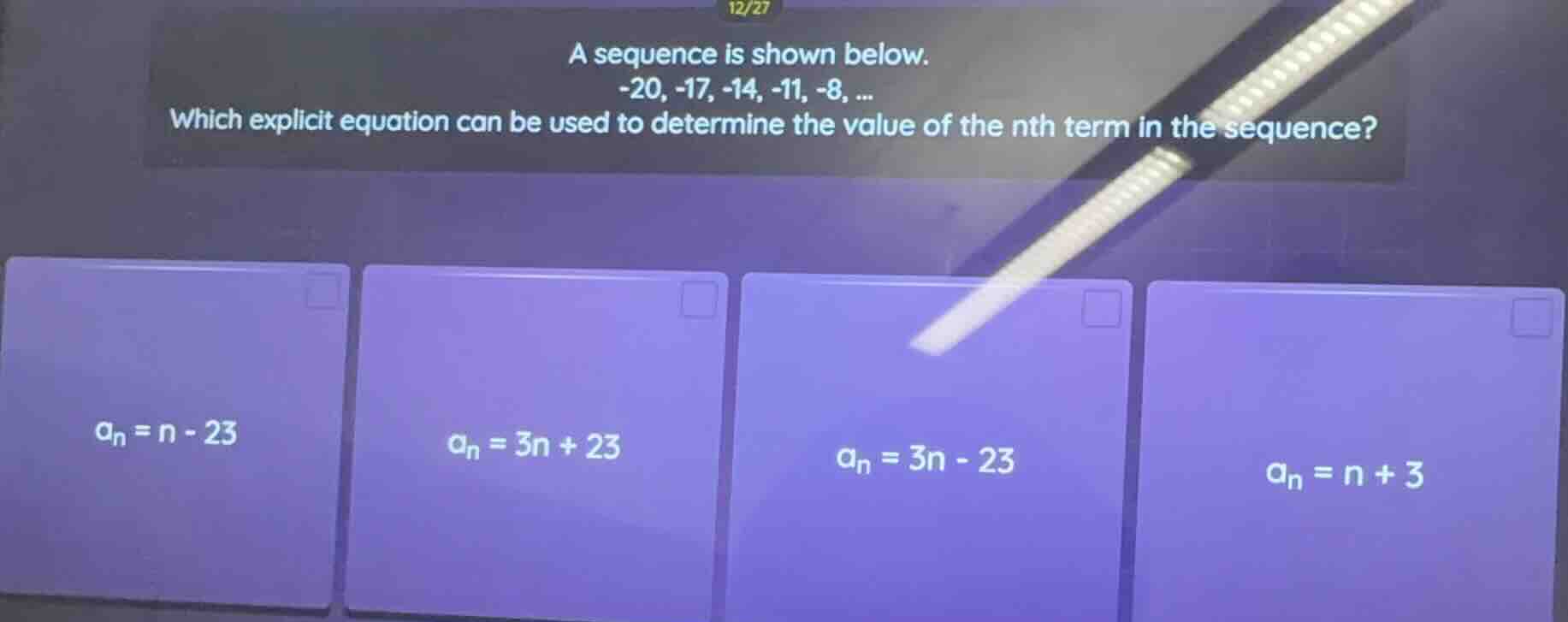 a sequence is shown below. -20, -17, -14, -11, -8, ... which explicit e…