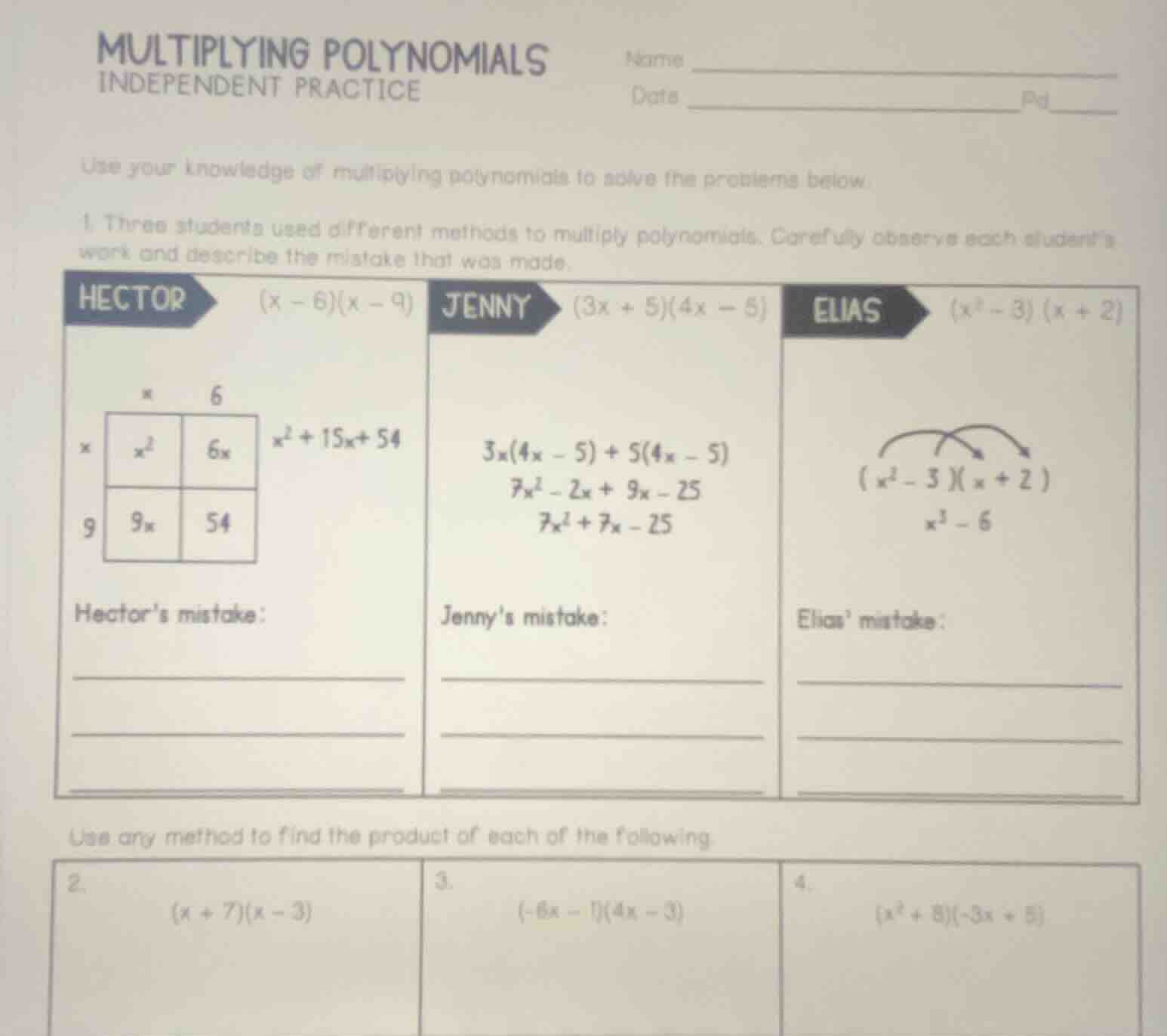 multiplying polynomials independent practice name date pd use your know…