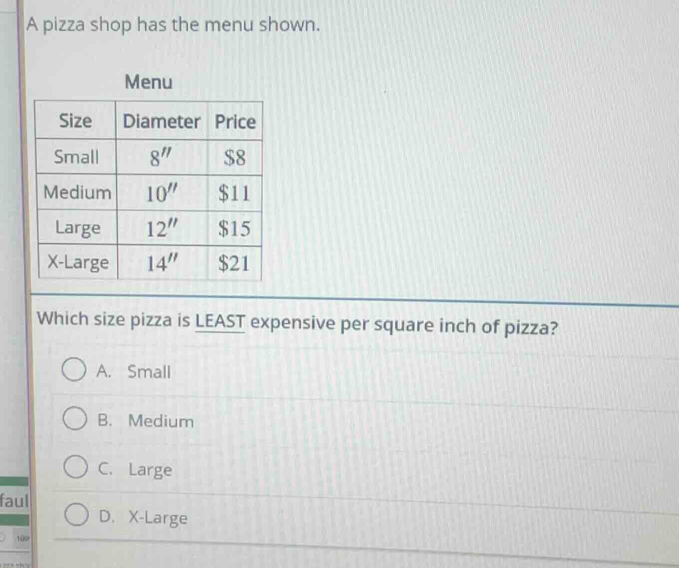 a pizza shop has the menu shown. menu |size|diameter|price| |----|----|…