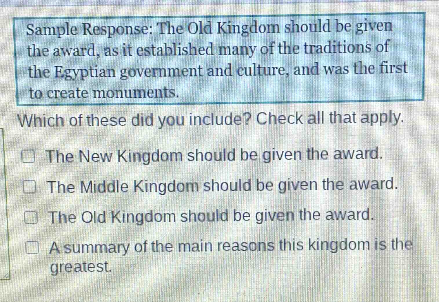 sample response: the old kingdom should be given the award, as it estab…