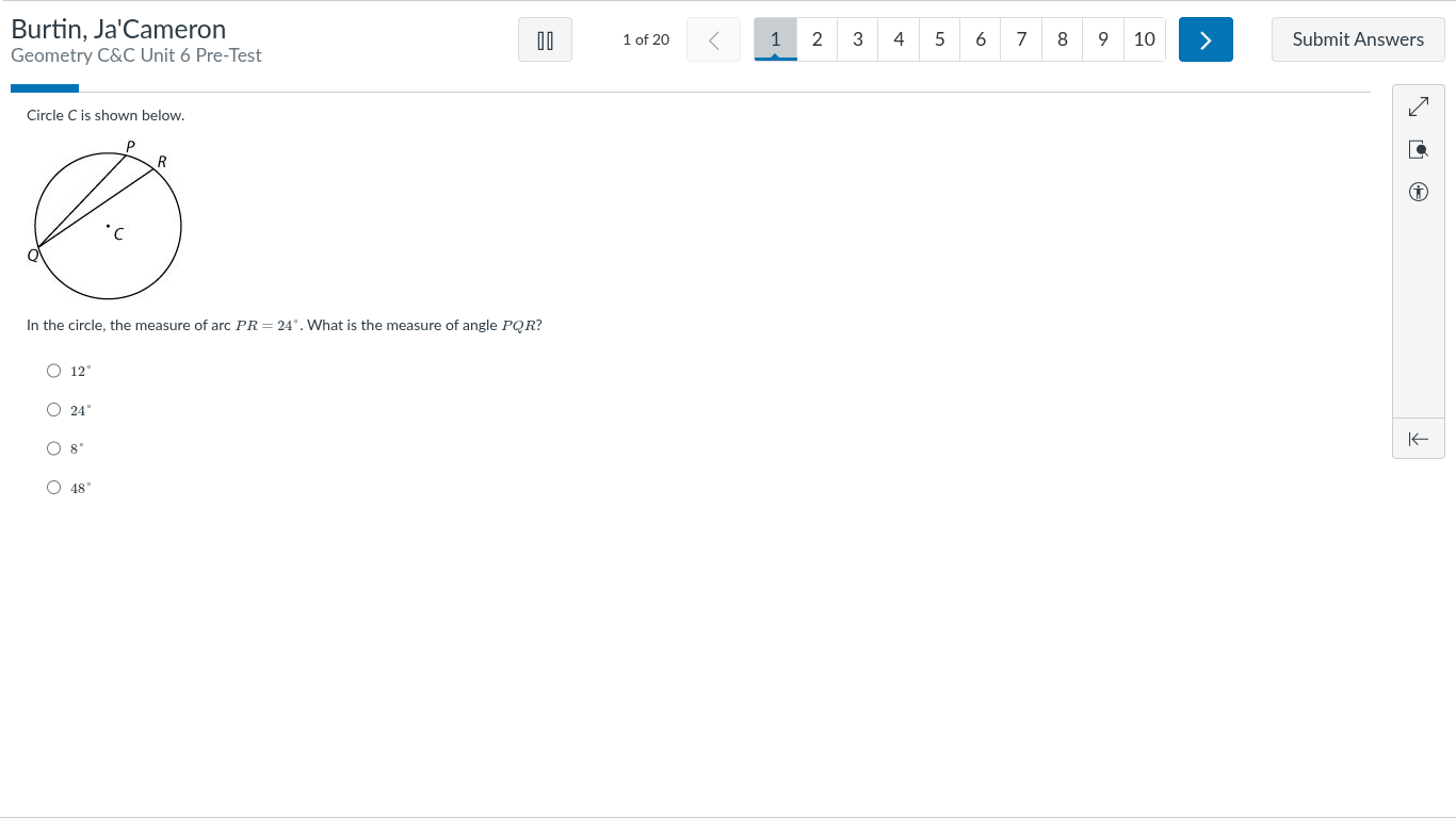 circle c is shown below. in the circle, the measure of arc ( pr = 24^ci…