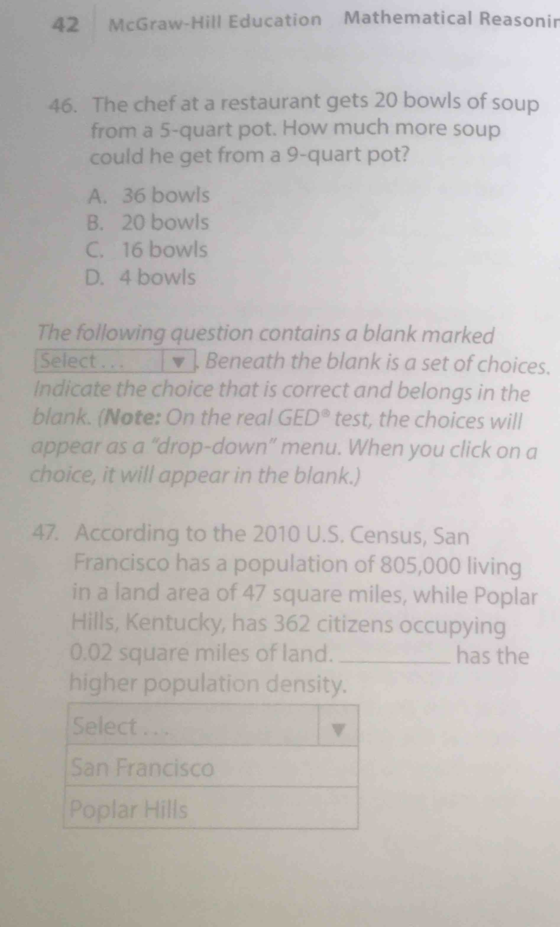 46. the chef at a restaurant gets 20 bowls of soup from a 5 - quart pot…