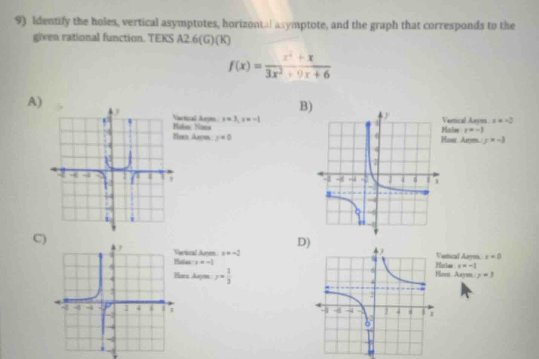9) identify the holes, vertical asymptotes, horizontal asymptote, and t…