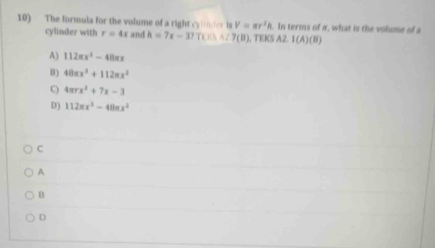 10) the formula for the volume of a right cylinder is $v = \\pi r^2 h$.…