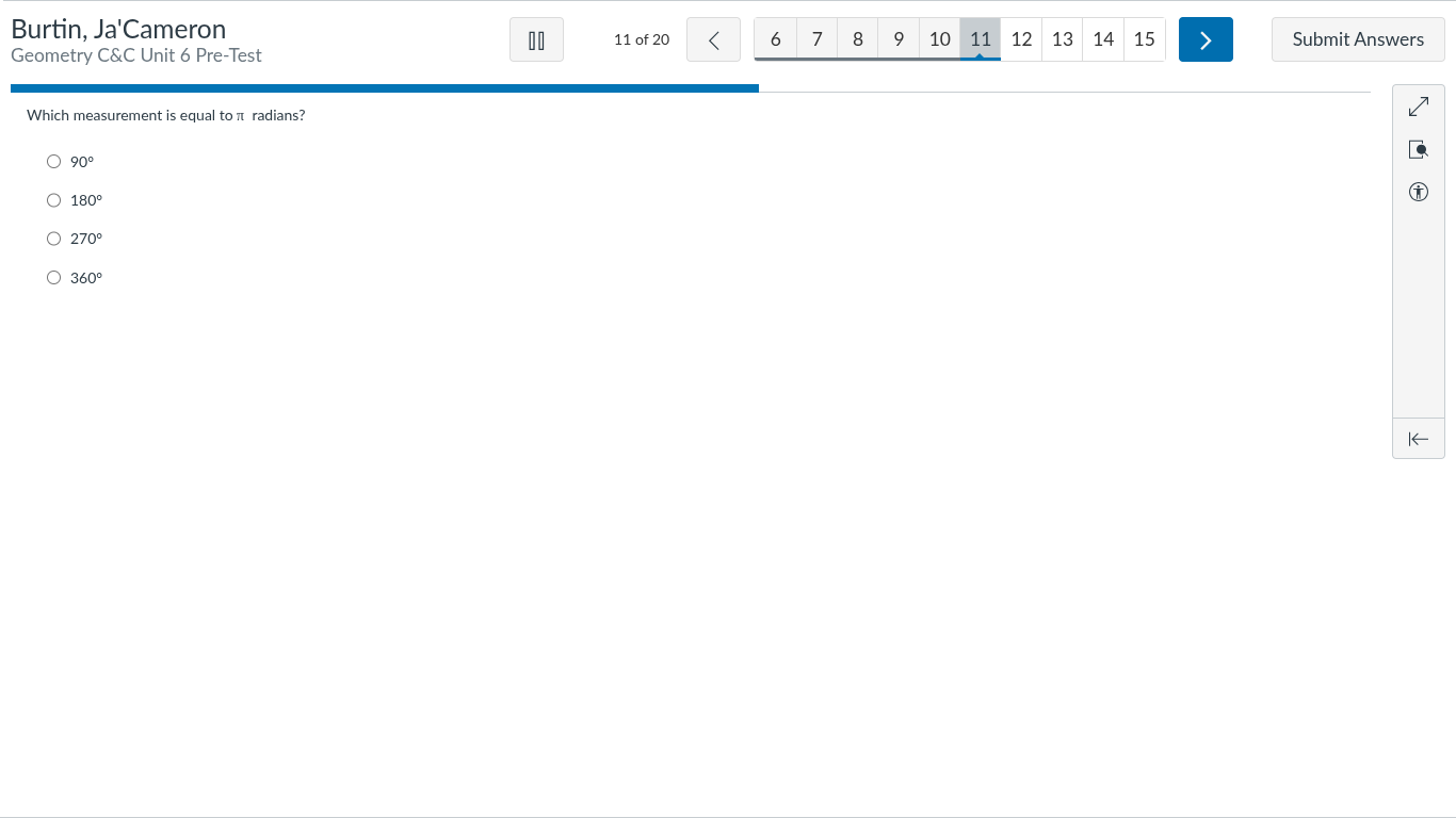 which measurement is equal to ( pi ) radians? - ( 90^circ ) - ( 180^cir…
