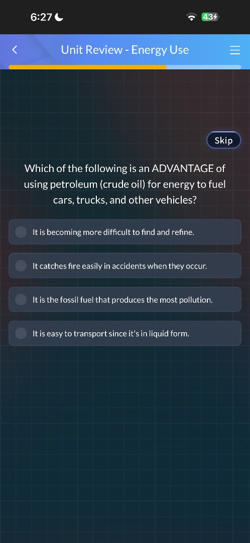 which of the following is an advantage of using petroleum (crude oil) f…