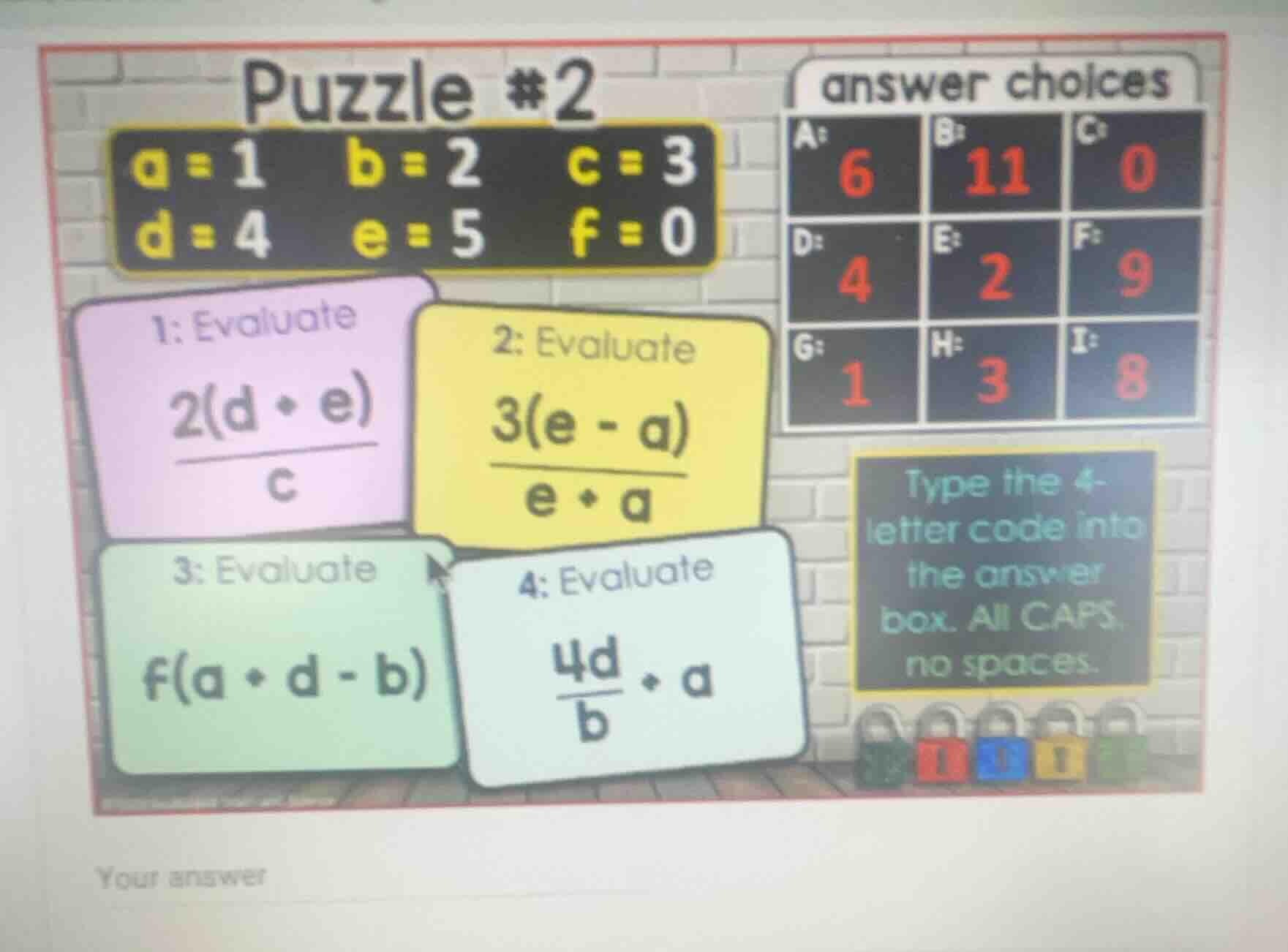puzzle #2 a = 1 b = 2 c = 3 d = 4 e = 5 f = 0 1: evaluate \\(\\frac{2(d…