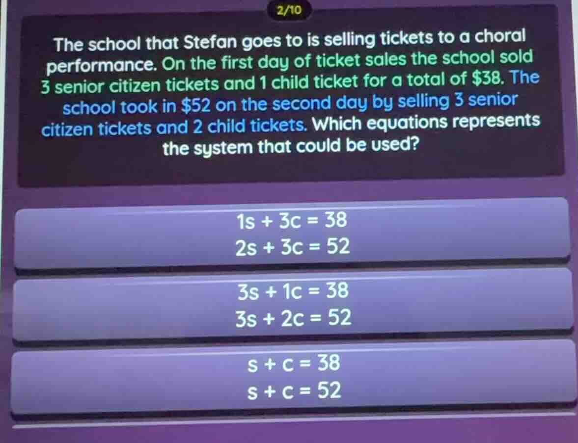 the school that stefan goes to is selling tickets to a choral performan…