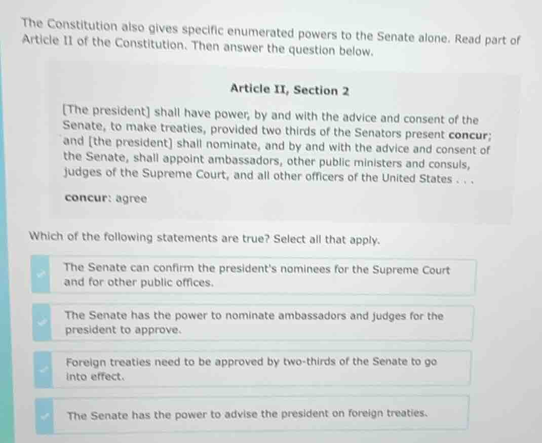 the constitution also gives specific enumerated powers to the senate al…