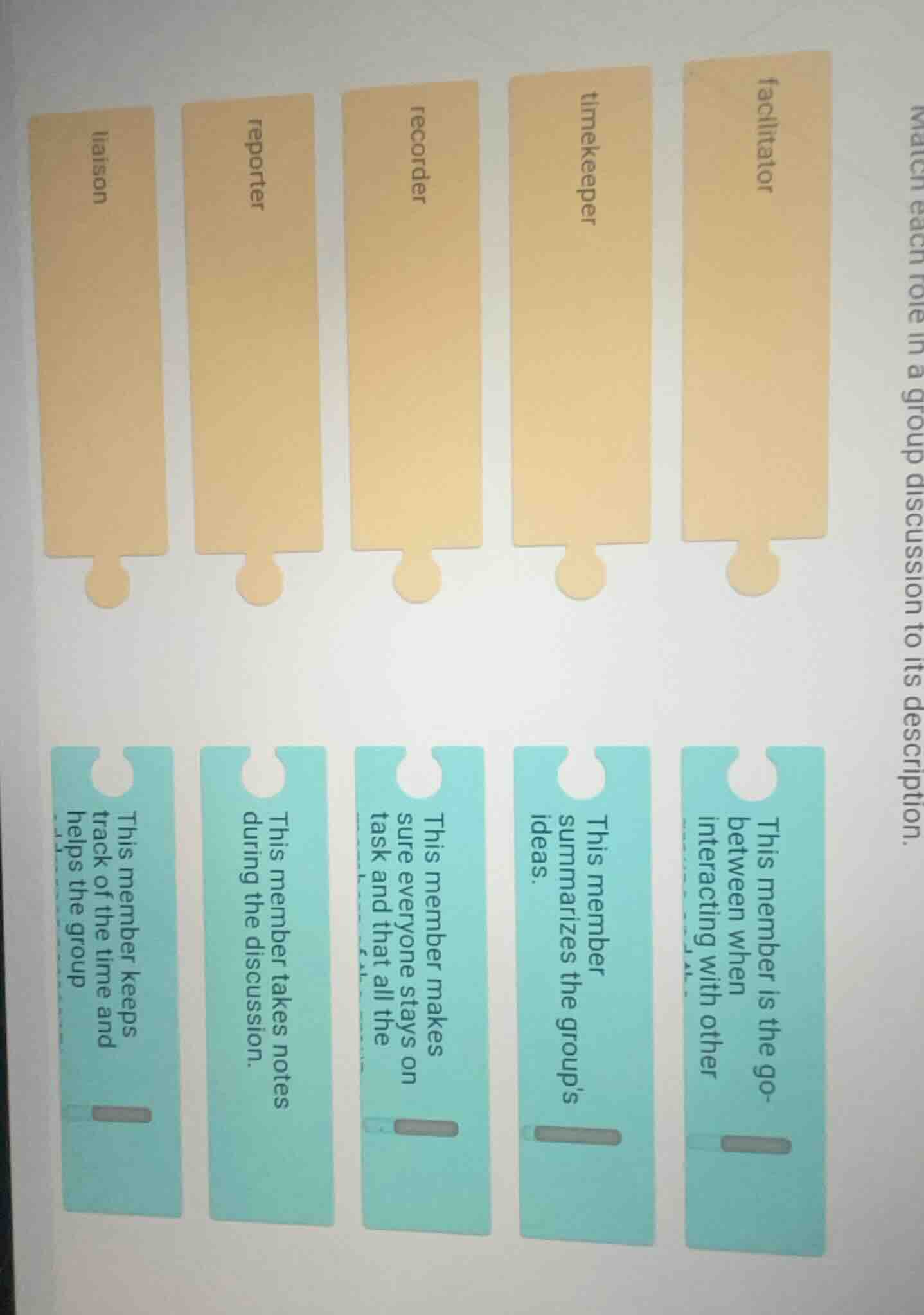 match each role in a group discussion to its description. facilitator t…