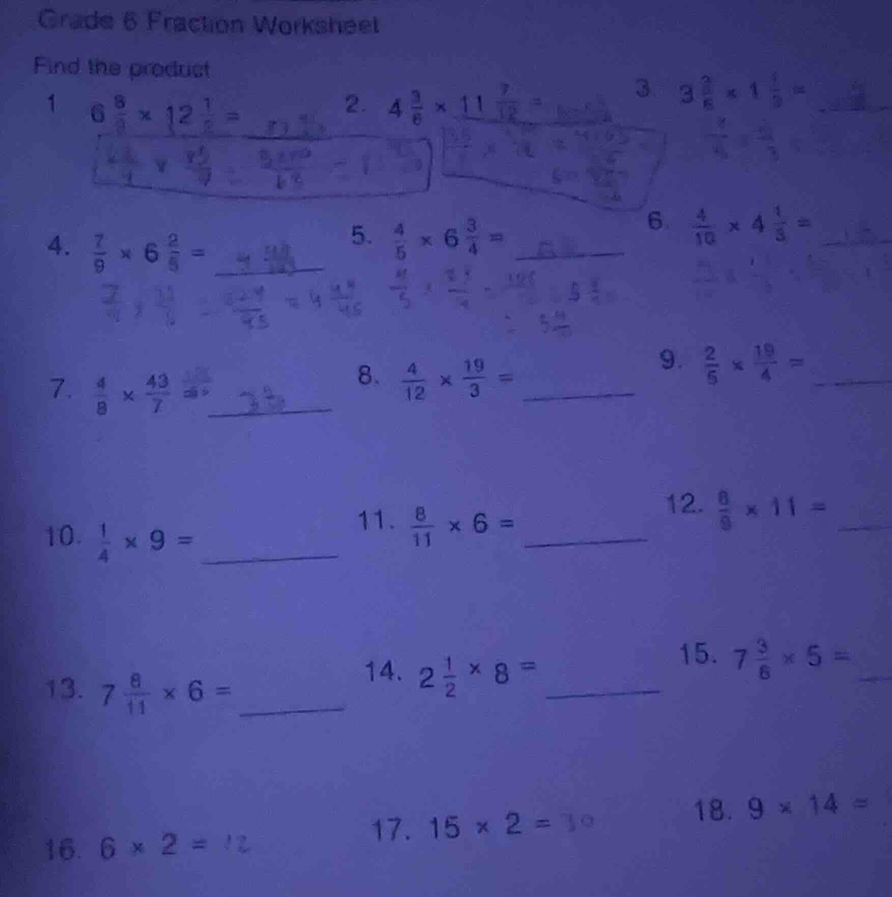 grade 6 fraction worksheet find the product 1 ( 6\frac{8}{9} \times 12\…
