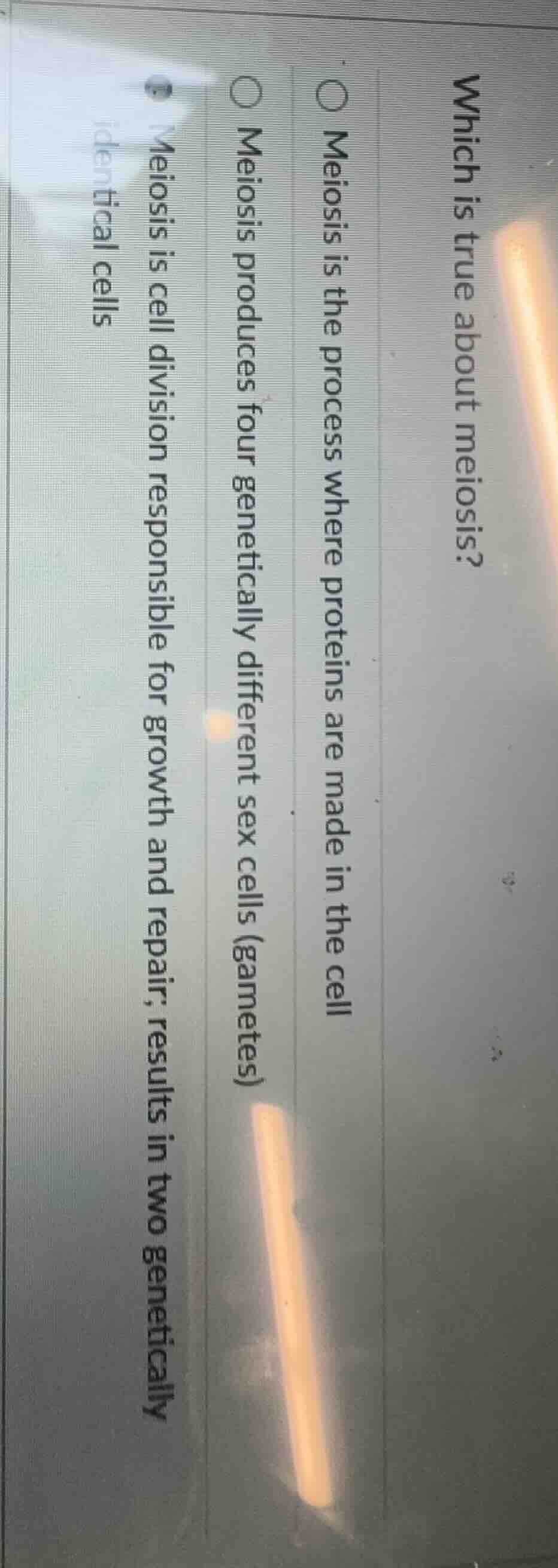 which is true about meiosis? ○ meiosis is the process where proteins ar…