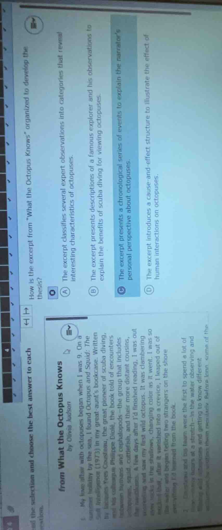 how is the excerpt from \what the octopus knows\ organized to develop t…