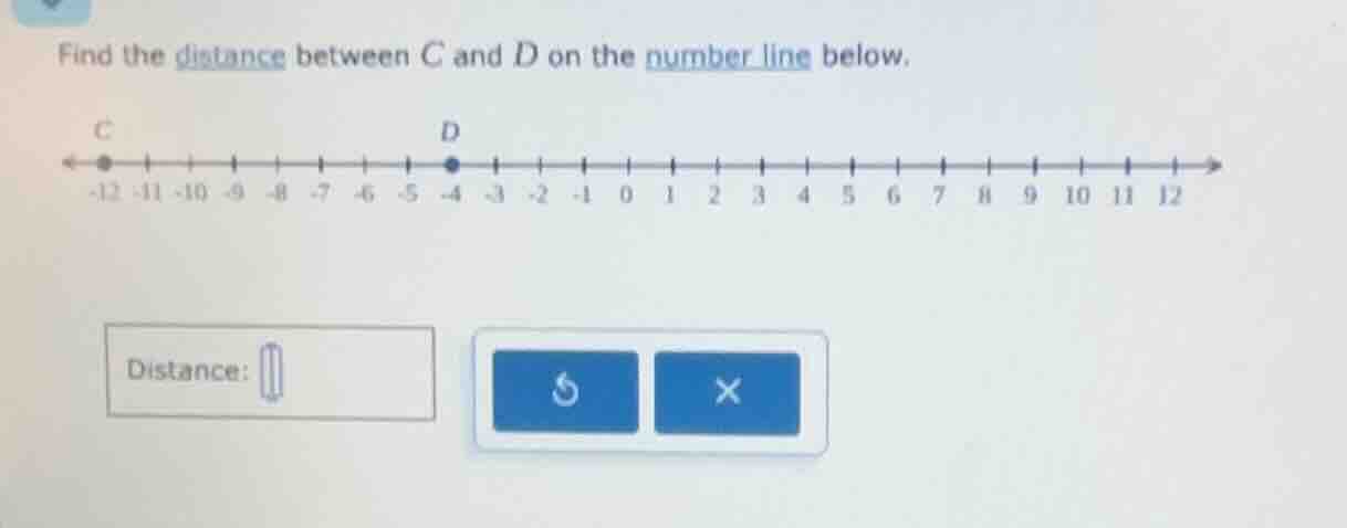 find the distance between c and d on the number line below. c is at -12…