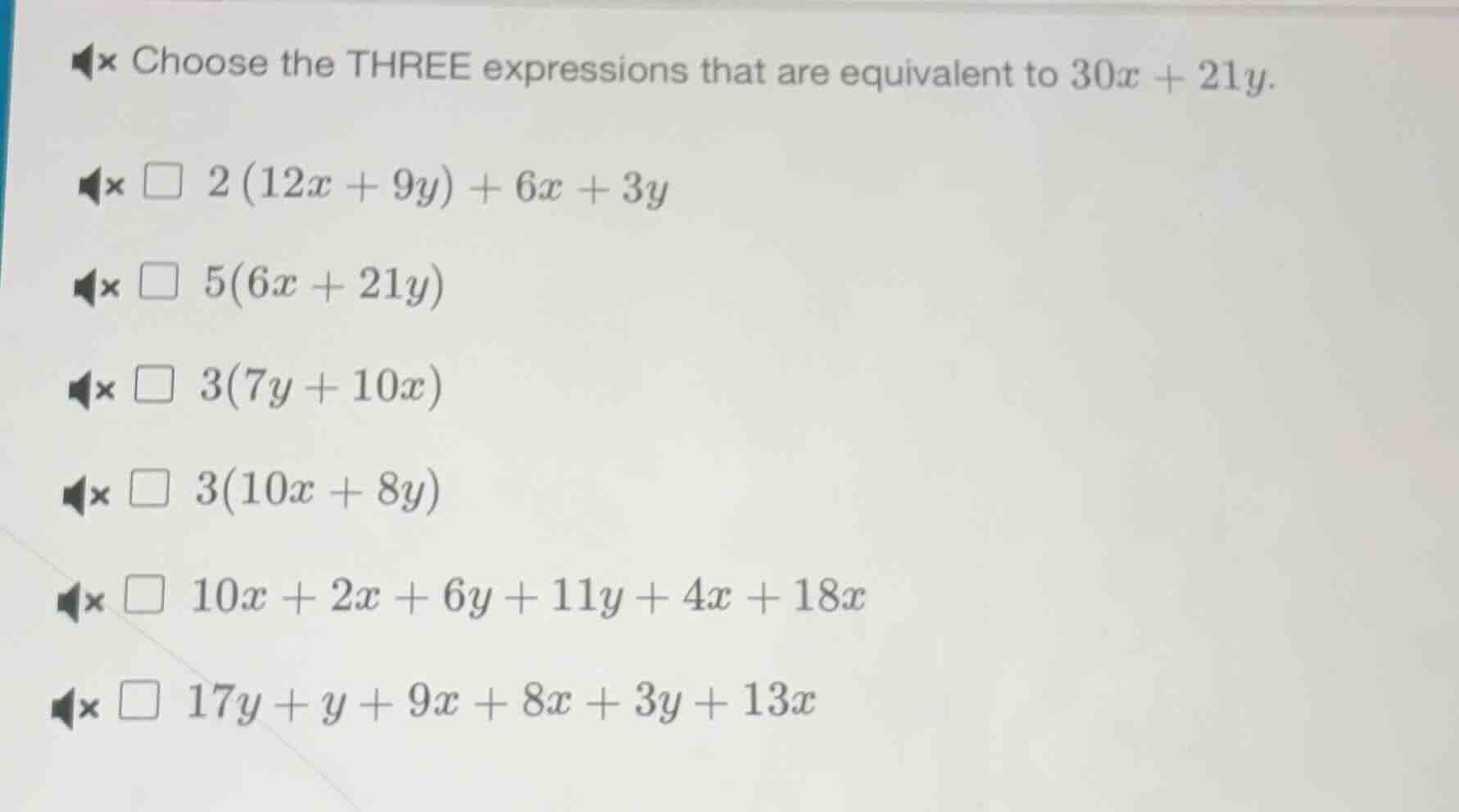 choose the three expressions that are equivalent to $30x + 21y$. $\\squ…