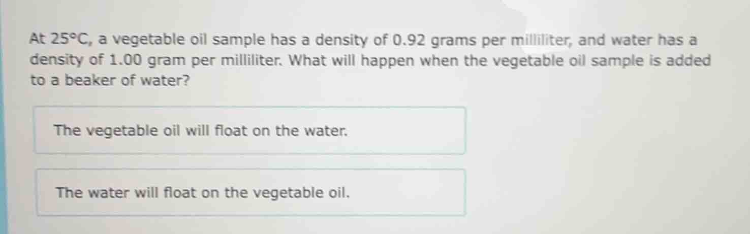 at 25°c, a vegetable oil sample has a density of 0.92 grams per millili…