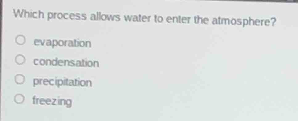 which process allows water to enter the atmosphere? evaporation condens…