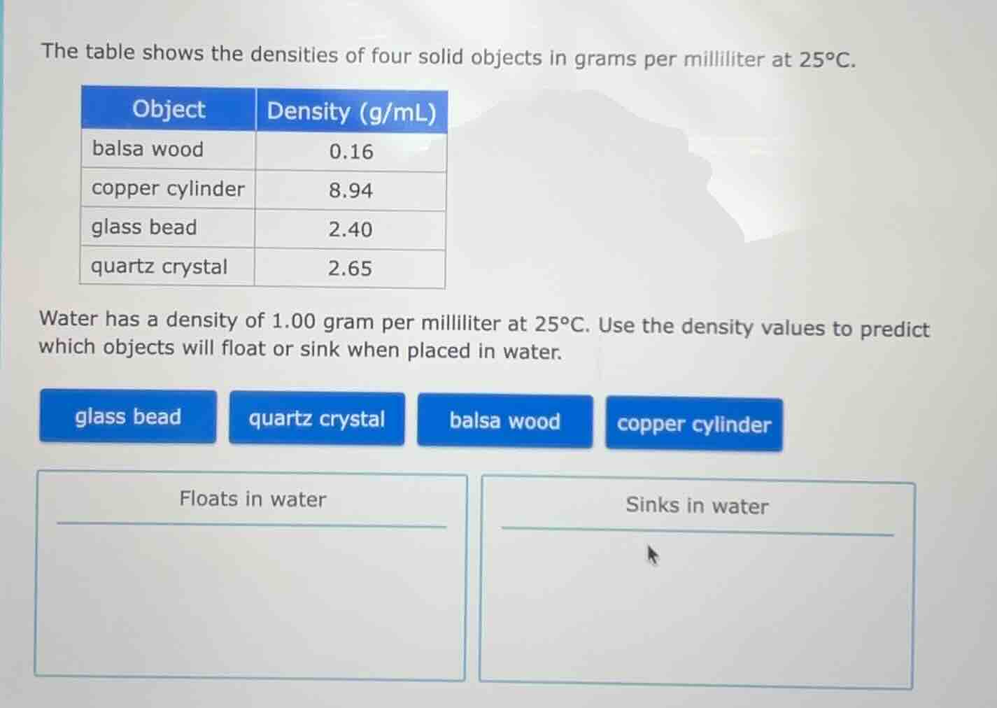 the table shows the densities of four solid objects in grams per millil…