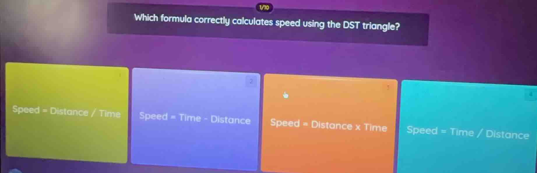 which formula correctly calculates speed using the dst triangle? speed …