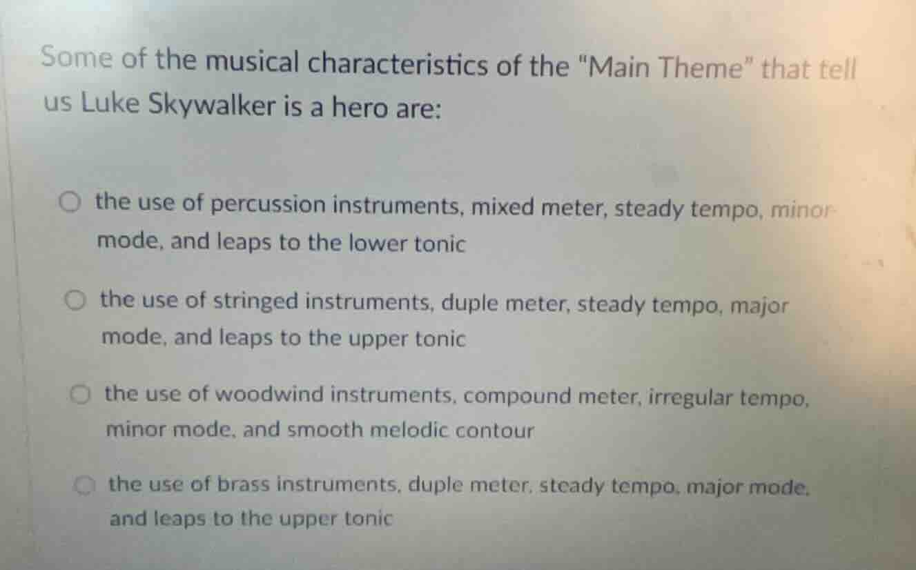 some of the musical characteristics of the \main theme\ that tell us lu…