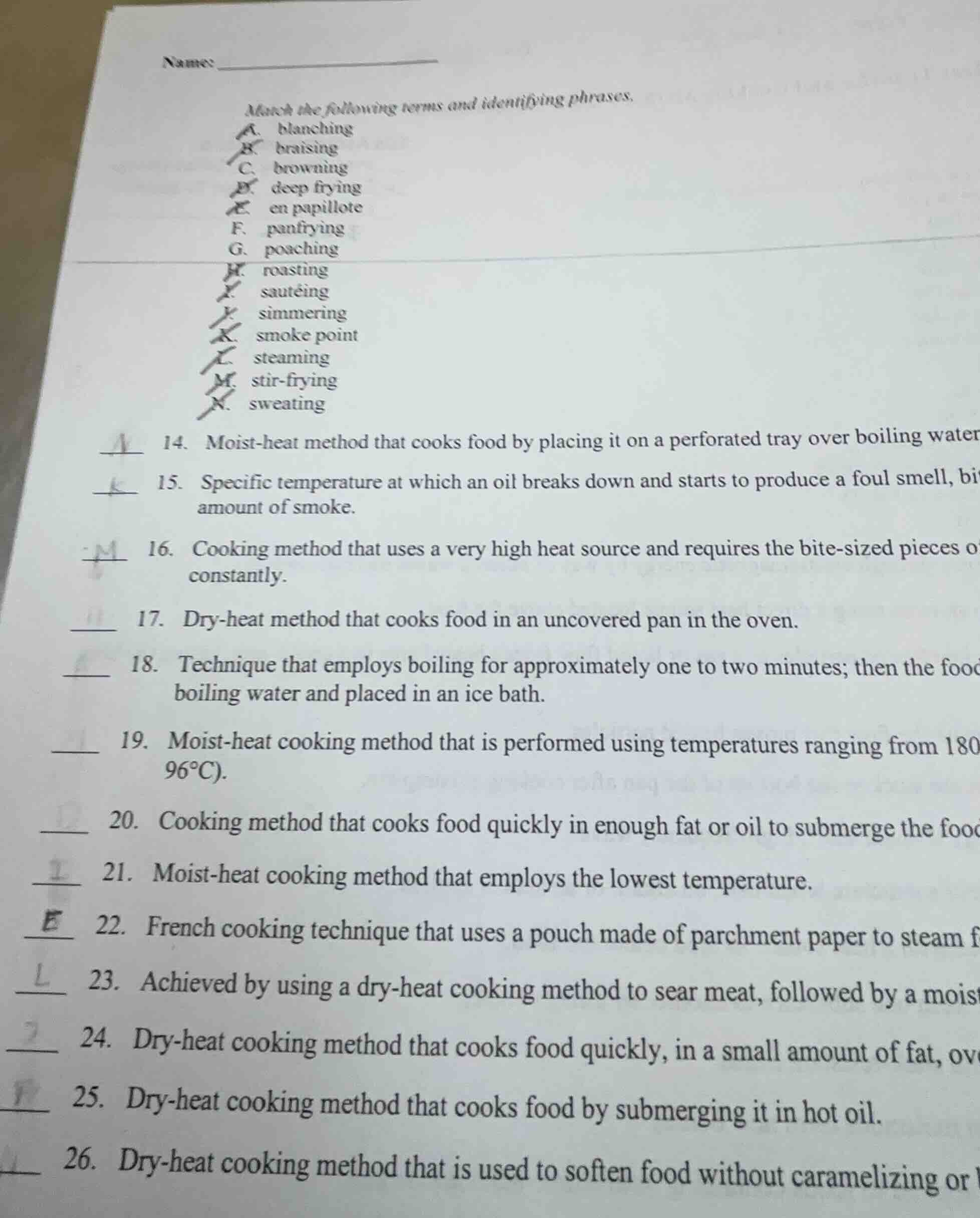 name: match the following terms and identifying phrases. a. blanching b…